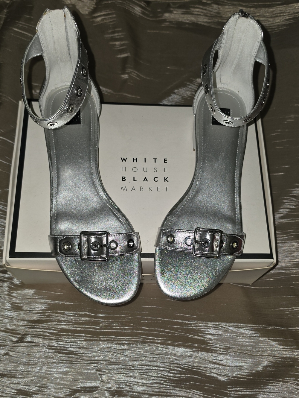 White House Black Market Metallic Silver Ankle-Strap Heels